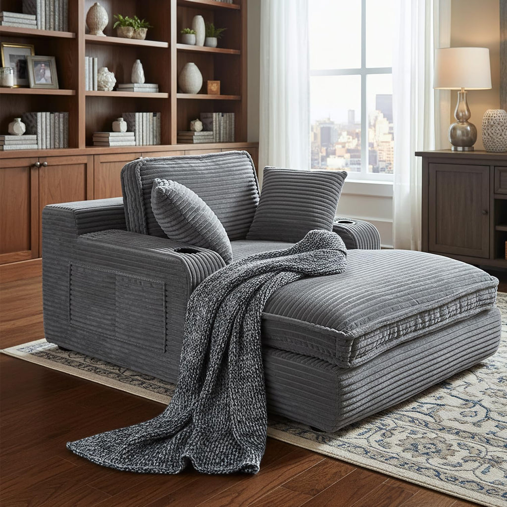 67" Oversized Chaise Lounge Chair Indoor, Soft Boneless Cloud Couch with 3 Pillows, 4 Side Pockets and 2 Cup Holders, Comfy Corduroy Sleeper Couch for Living Room Bedroom