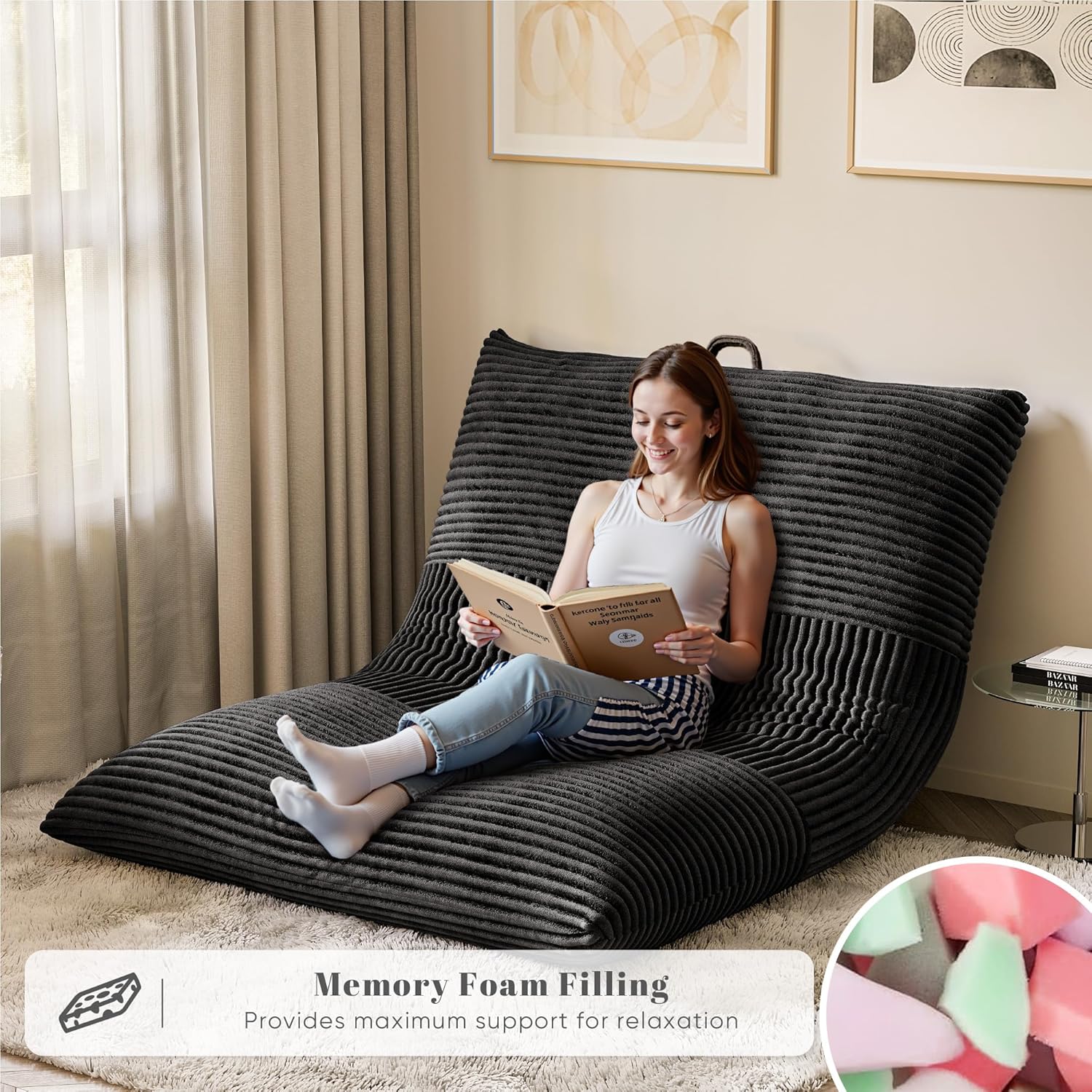 Homall 3 in 1 Giant Bean Bag Chair for Adults, Convertible Bean Bag Floor Couch Bed with Washable Cover, High-Density Foam Chair Bed for Living Room, Dorm Room, Office (Black)