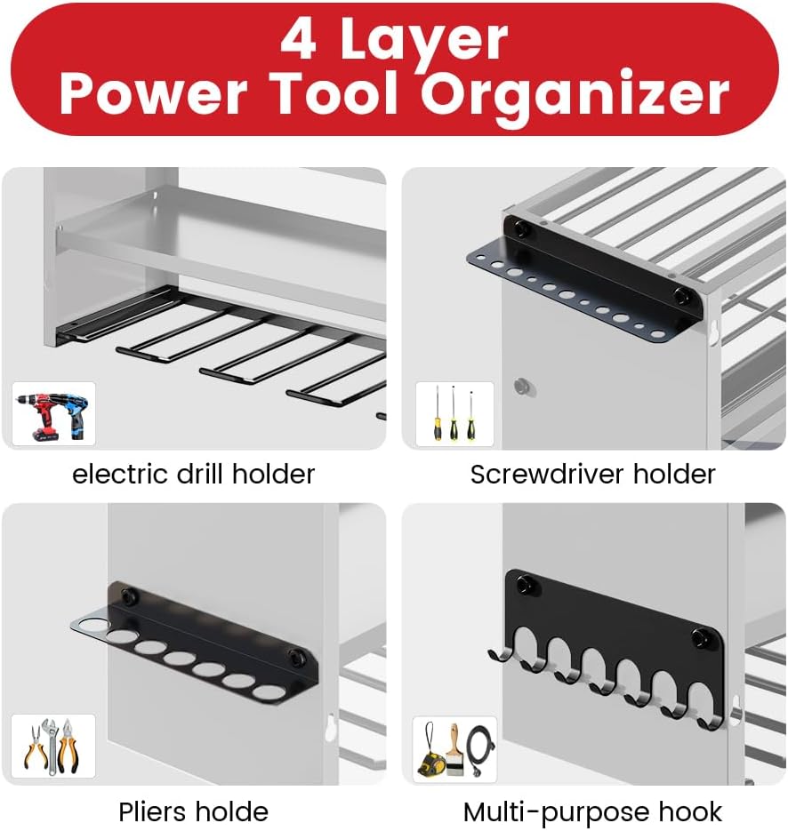 53" Power Tool Organizer Wall Mount with Power Strip, Heavy Duty Metal Tool Shelf, 400lbs Capacity for Cordless Drills, Batteries & Garage Storage (12 Slots with 8 Outlets Power Strip)