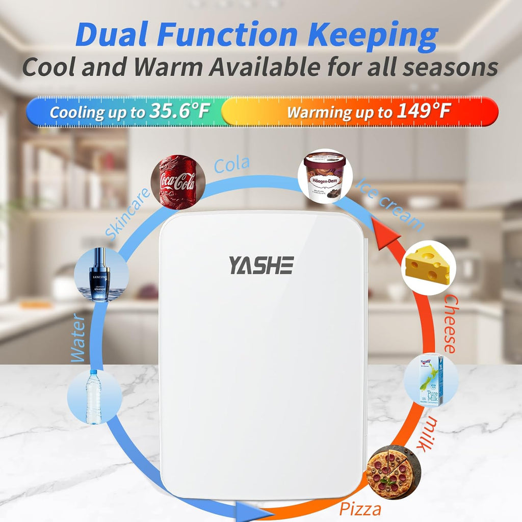 YASHE 10L Mini Fridge, 10 Liter/15 Cans Mini Fridge for Bedroom, 110V AC/ 12V DC Thermoelectric Cooler and Warmer, Portable Mini Fridge for Skincare, Makeup, Drink, Car, Office, Bedroom, Dorm, White