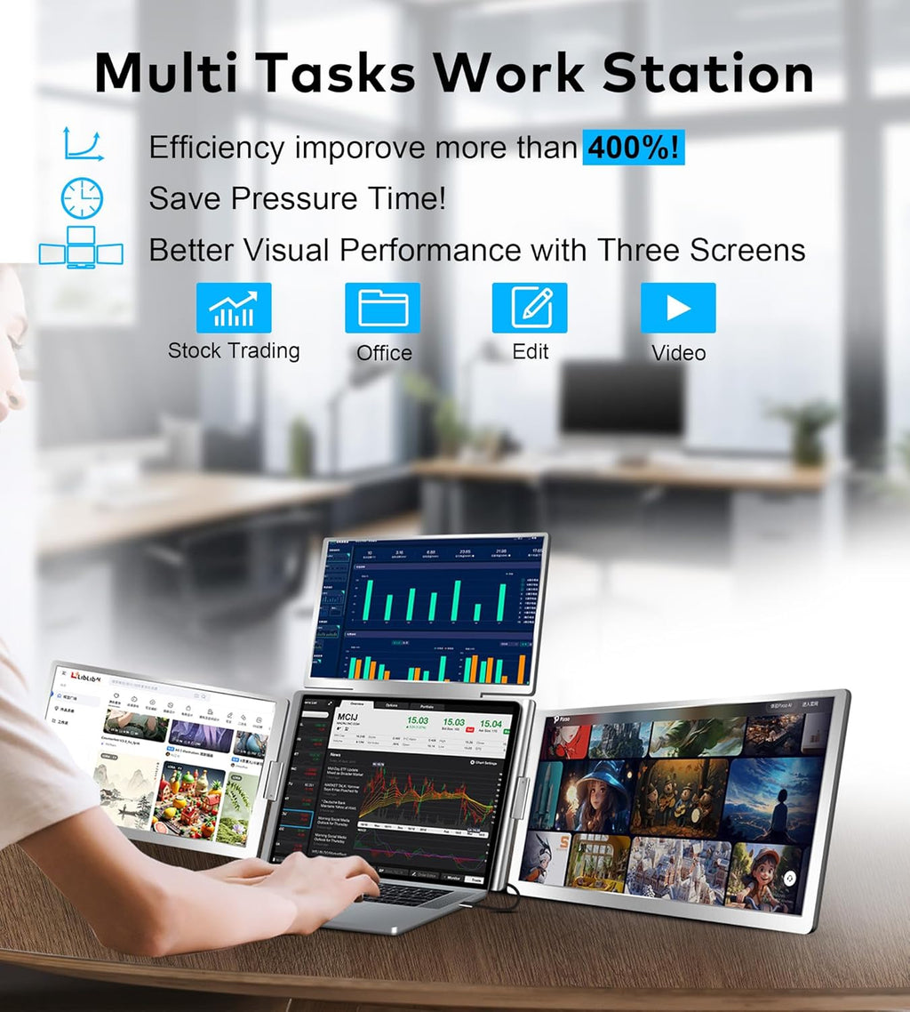 Laptop Screen Extender  FHD 1080P IPS Triple Screen Portable Monitor Extender 12–18.5 inch  Portable Laptop Extended Monitor Compatible with Windows and MacBook (Quad Monitor  14" S780-C)