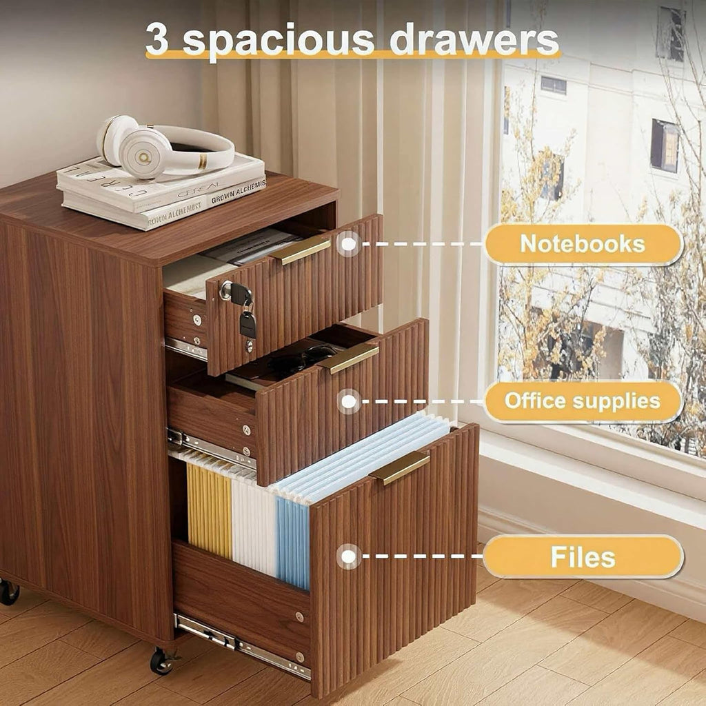 INNOD 3 Drawer Fluted Mobile File Cabinet with Lock, Rolling File Cabinet, Under Desk Wooden Filing Cabinets for Home Office (Walnut)