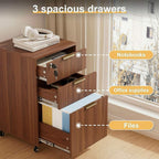 INNOD 3 Drawer Fluted Mobile File Cabinet with Lock, Rolling File Cabinet, Under Desk Wooden Filing Cabinets for Home Office (Walnut)