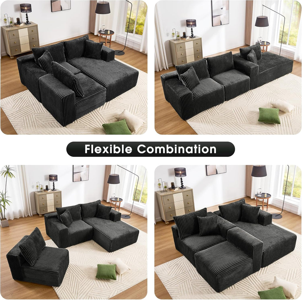 WorthFurni Cloud Modular Sofa Couch with L-Shape Chaise,Modern Sectional with Deep Seat, Upholstered Couches for Living Room Bedroom,No Assembly Required, Plush Corduroy Fabric 110.4"(Black)