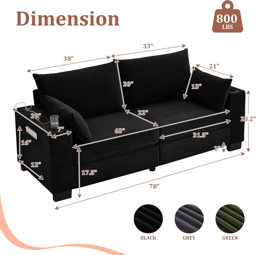 Anwick 78" Corduroy Small Couches for Living Room, Modern Upholstered Loveseat Sofa with USB & Cup Holders, Side Pocket, Soft Deep 2-Seater Sofa Couch for Living Room Bedroom Office Apartment (Black) | USB, Cup Holders, Side Pocket