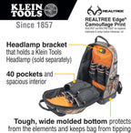 Klein Tools 62800BPCAMO Backpack Tool Bag, Tradesman Pro Extra-Large 40-Pocket Jobsite Camo Tool Backpack with Molded Bottom, Charging Port