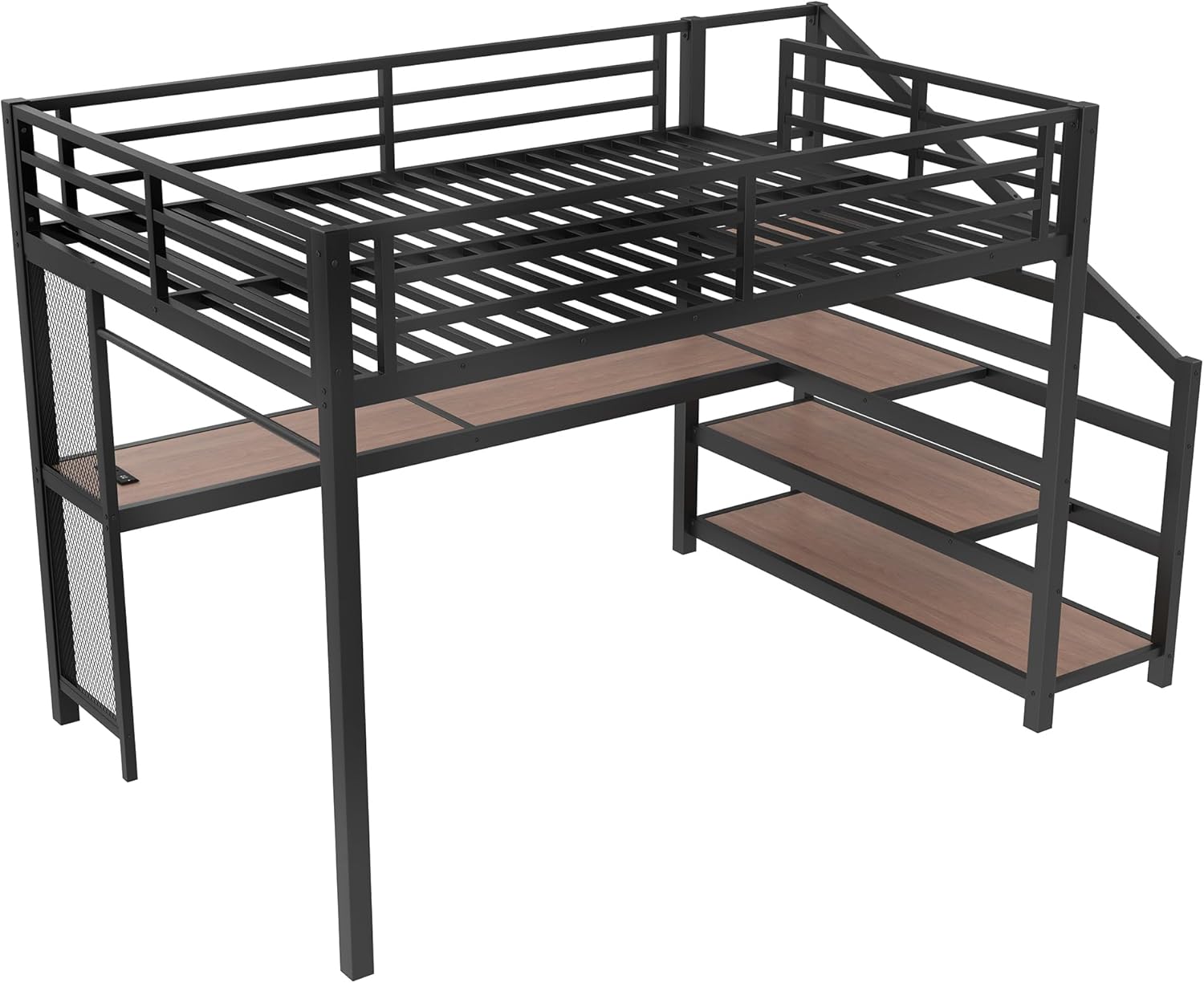 Bellemave Metal Queen Size Loft Bed with Desk and Storage Stairs,Heavy Duty Loft Bed Frame Queen Size with LED Lights and Charging Station for Kids,Teens,Adults,Black