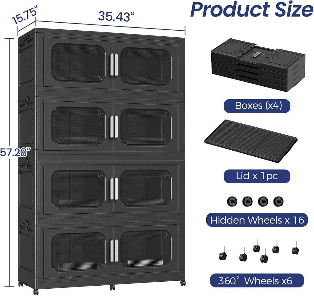 200Gal Extra Large Stackable Storage Bins with Lid & Wheels & Doors, 200QT/50GAL 4-Tiers Collapsible Closet Organizers Plastic Containers Drawers Boxes for Home Kitchen Bedroom, Black