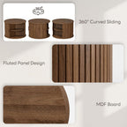 IRONCK Round Coffee Table Set of 2, Fluted Coffee Table and End Table with Storage, Wood Center Tables with Sliding Tambour Door and Hollow Side Table, Mid Century Modern, Walnut