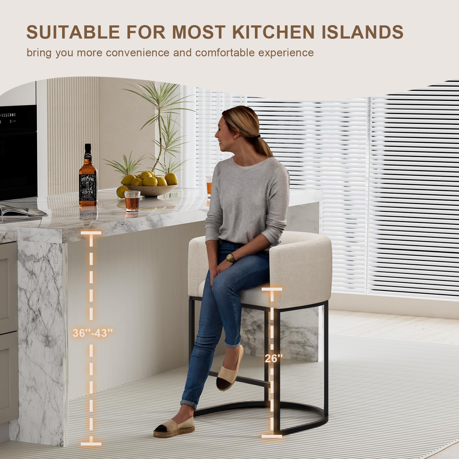 26" H Counter Height Bar Stools Set of 3, Modern Barrel Counter Stools with Backrest and Arms, Linen Fabric Upholstered Accent Barstools for Kitchen Island,Support 450 LBS (Beige)