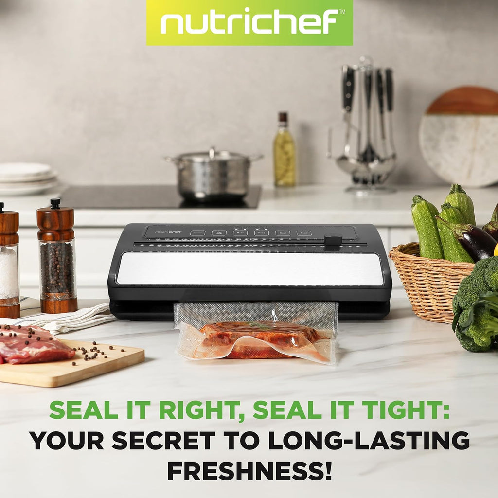 NutriChef Vacuum Sealer for Food - Automatic Electric Air Sealing Preserver System with Gentle and Normal Modes, Roll Cutter, Reusable Bags, Meal Prep Storage, Suitable for Dry/Moist Foods