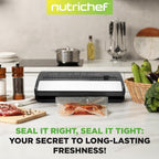 NutriChef Vacuum Sealer for Food - Automatic Electric Air Sealing Preserver System with Gentle and Normal Modes, Roll Cutter, Reusable Bags, Meal Prep Storage, Suitable for Dry/Moist Foods