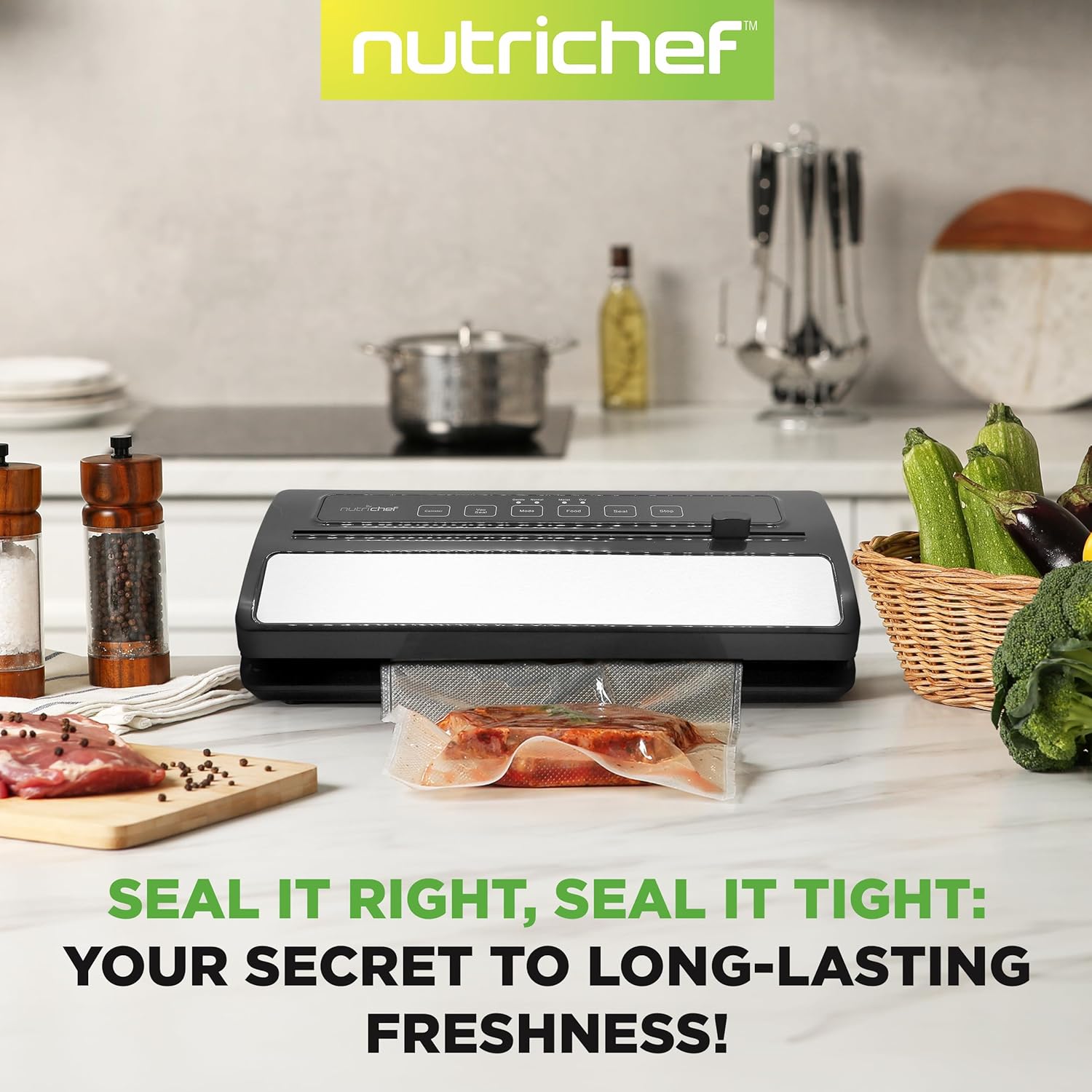 NutriChef Vacuum Sealer for Food - Automatic Electric Air Sealing Preserver System with Gentle and Normal Modes, Roll Cutter, Reusable Bags, Meal Prep Storage, Suitable for Dry/Moist Foods
