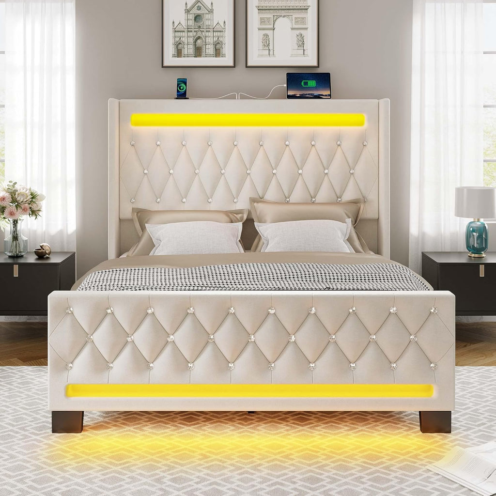 Rolanstar Full Bed Frame with LED Light and Charging Station, Upholstered High Headboard and Footboard, Wood Slats, Noise Free, Easy Assembly, Beige