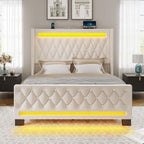 Rolanstar Full Bed Frame with LED Light and Charging Station, Upholstered High Headboard and Footboard, Wood Slats, Noise Free, Easy Assembly, Beige