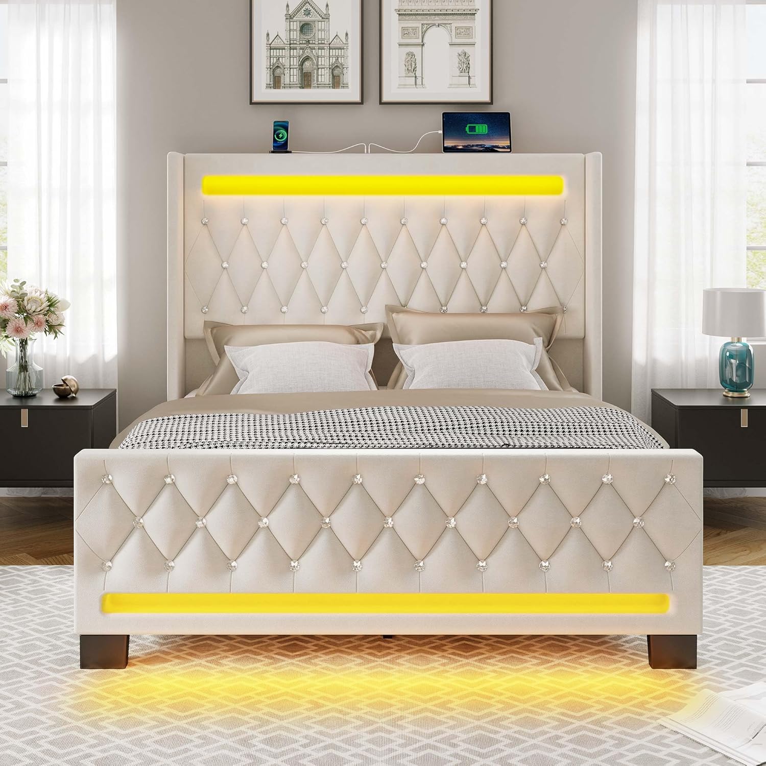 Rolanstar Full Bed Frame with LED Light and Charging Station, Upholstered High Headboard and Footboard, Wood Slats, Noise Free, Easy Assembly, Beige
