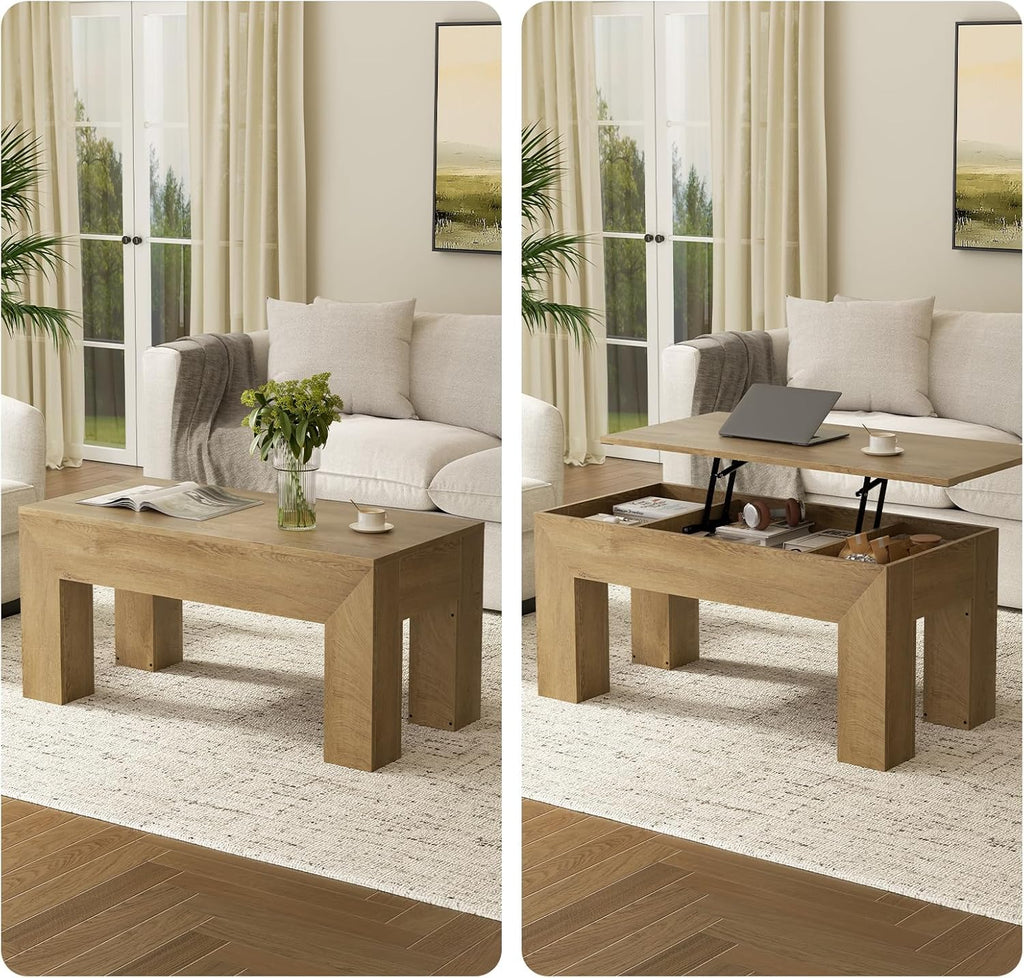FABATO 41.7'' Lift Top Coffee Table, Wooden Rectangle Coffee Table with Hidden Storage, Large Center Table Adjustable Height Sofa Table for Living Room Office Apartment, Wood