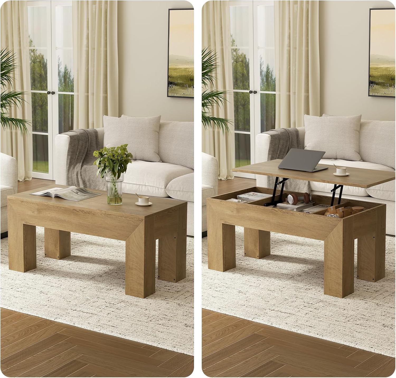 FABATO 41.7'' Lift Top Coffee Table, Wooden Rectangle Coffee Table with Hidden Storage, Large Center Table Adjustable Height Sofa Table for Living Room Office Apartment, Wood