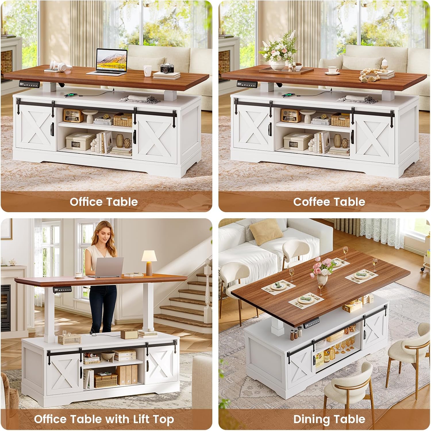 SEDETA 47.2" Farmhouse Smart Lift Top Coffee Table, Rectangle Coffee Table with Storage and Barn Door, Height Adjustable Coffee Table with Power Outlet for Living Room (White)