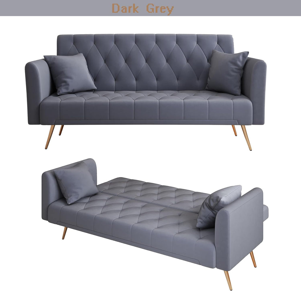 72"Modern Velvet Sofa Bed Futon,Convertible Folding Sleeper Bed Couches with 3 Adjustable Backrests,Tufted Recliner Loveseat with Golden Chrome Legs for Small Living Room Office (Dark Grey+pillows)