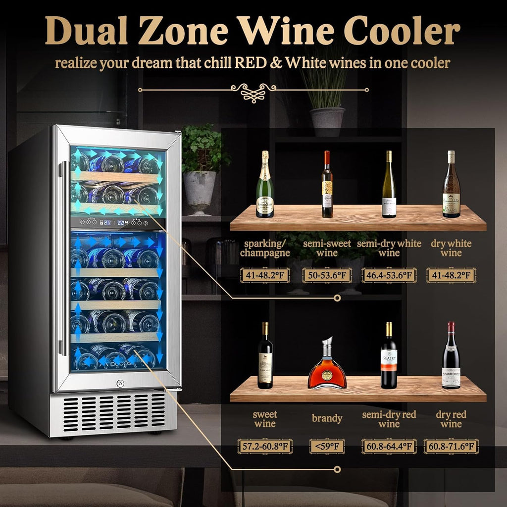 AAOBOSI 15 inch Dual Zone Wine Fridge, 28 Bottles Built-in or Freestanding Fridge,41-64°F Wine Cooler with Professional Compressor .Low Noise and No Fog