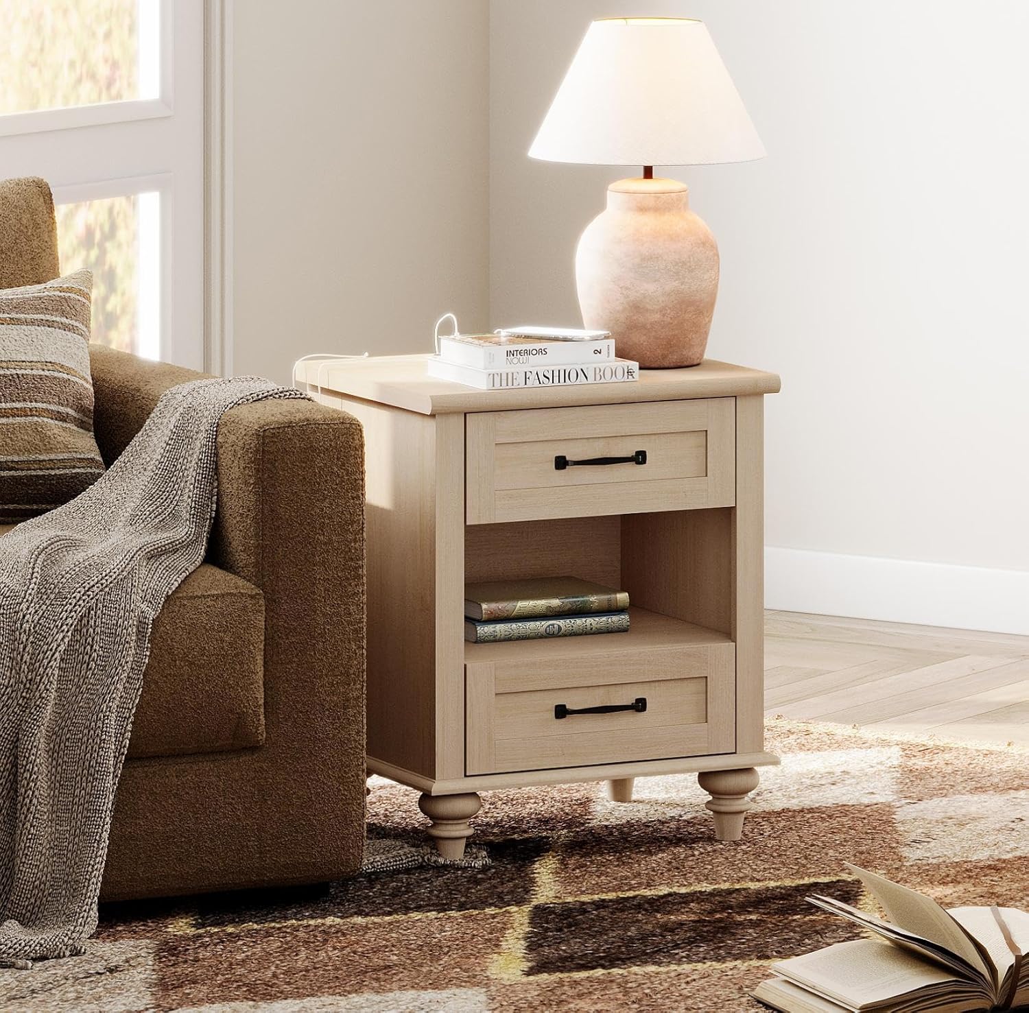 WAMPAT Mid Century End Table Nightstand with Charging Station, Small Side Table with 2 Drawers & Storage Shelf for Living Room, Light Wood Night Stand Bedside Table for Bedroom, Beige