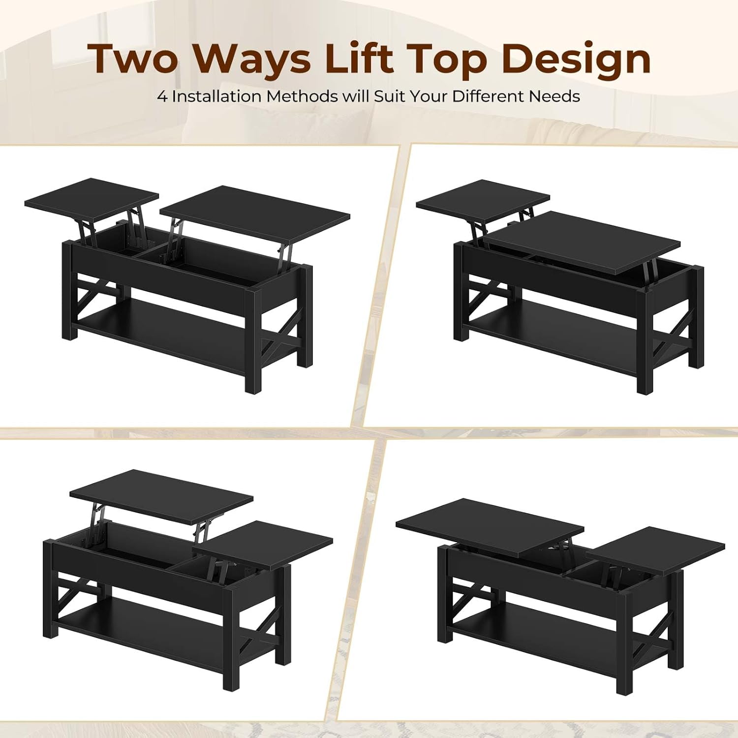 Rolanstar Coffee Table 47.2", 2 Way Lift Top Farmhouse Center Table with Hidden Compartment, Open Shelf & X Wooden Support for Living Room, Black