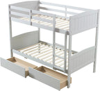 AMERLIFE Twin Over Twin Bunk Bed with Storage Drawers, Solid Rubberwood 2-in-1 Convertible Loft Beds with Ladders, Modern Detachable Bed Frame for Kids and Teens Bedroom, Grey