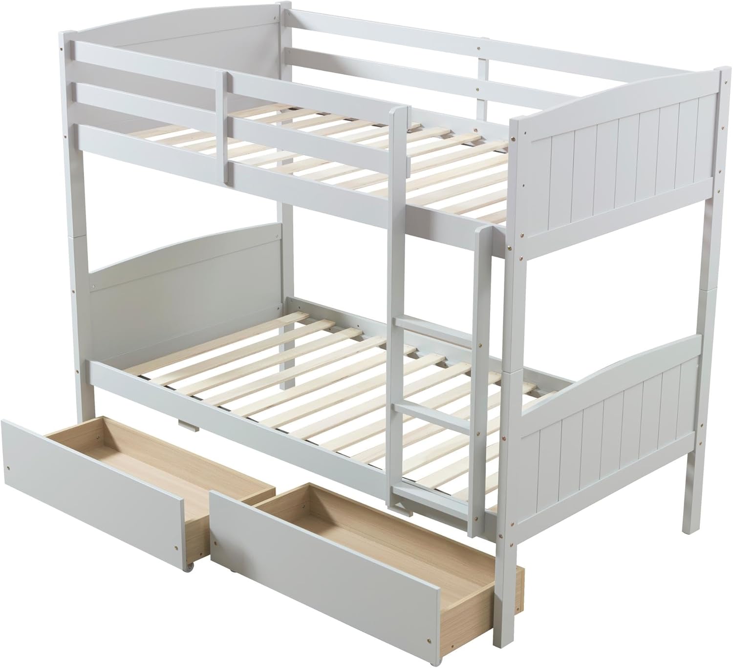 AMERLIFE Twin Over Twin Bunk Bed with Storage Drawers, Solid Rubberwood 2-in-1 Convertible Loft Beds with Ladders, Modern Detachable Bed Frame for Kids and Teens Bedroom, Grey
