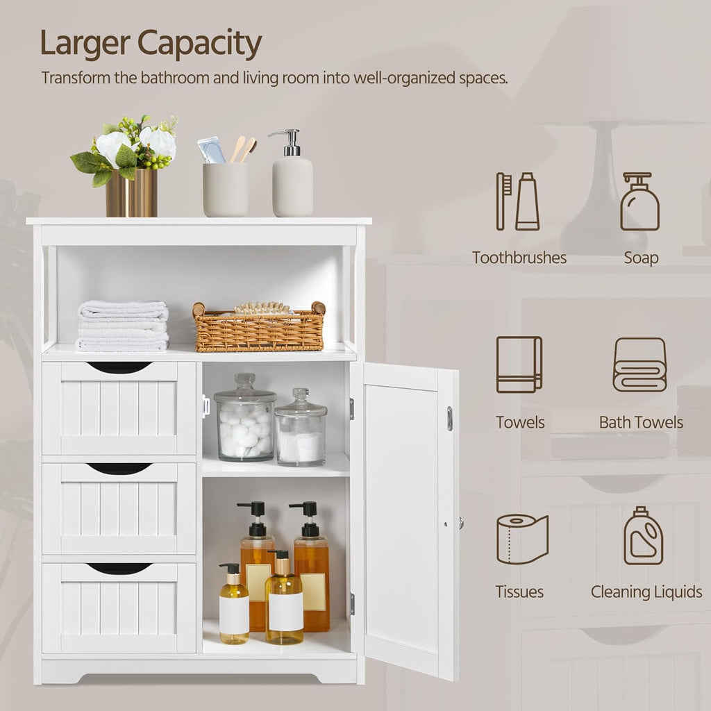 Yaheetech Bathroom Storage Cabinet Bathroom Floor Cabinet Freestanding Storage and Organizer with Door, 3 Drawers, Adjustable Shelf, 35.5 Inches Height, White