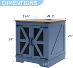 24" Farmhouse End Table Set of 2 with Charging Station and Mesh Barn Door, Rustic Wood Nightstand with Storage Shelf for Living Room & Bedroom, Navy Blue