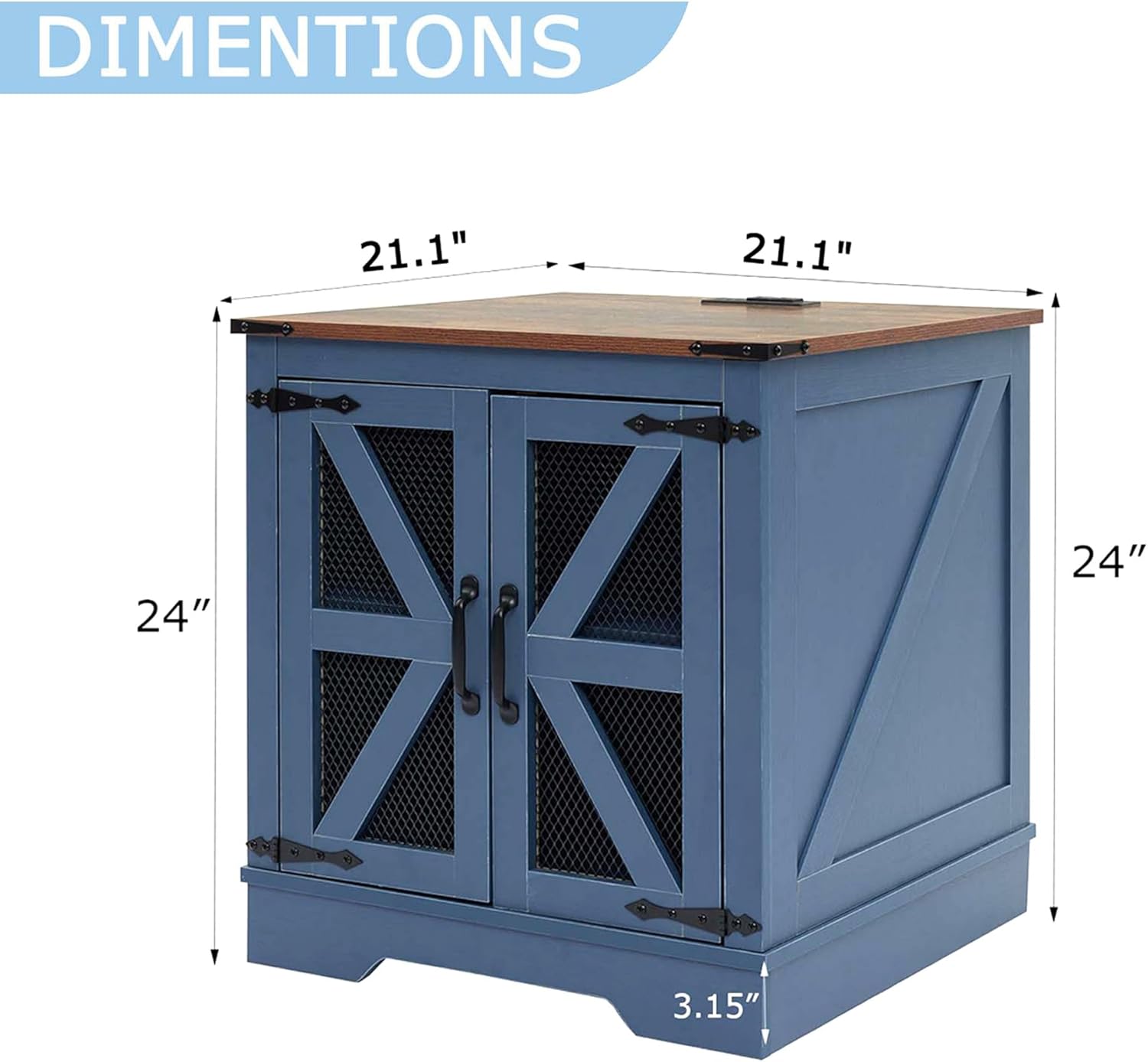 24" Farmhouse End Table Set of 2 with Charging Station and Mesh Barn Door, Rustic Wood Nightstand with Storage Shelf for Living Room & Bedroom, Navy Blue