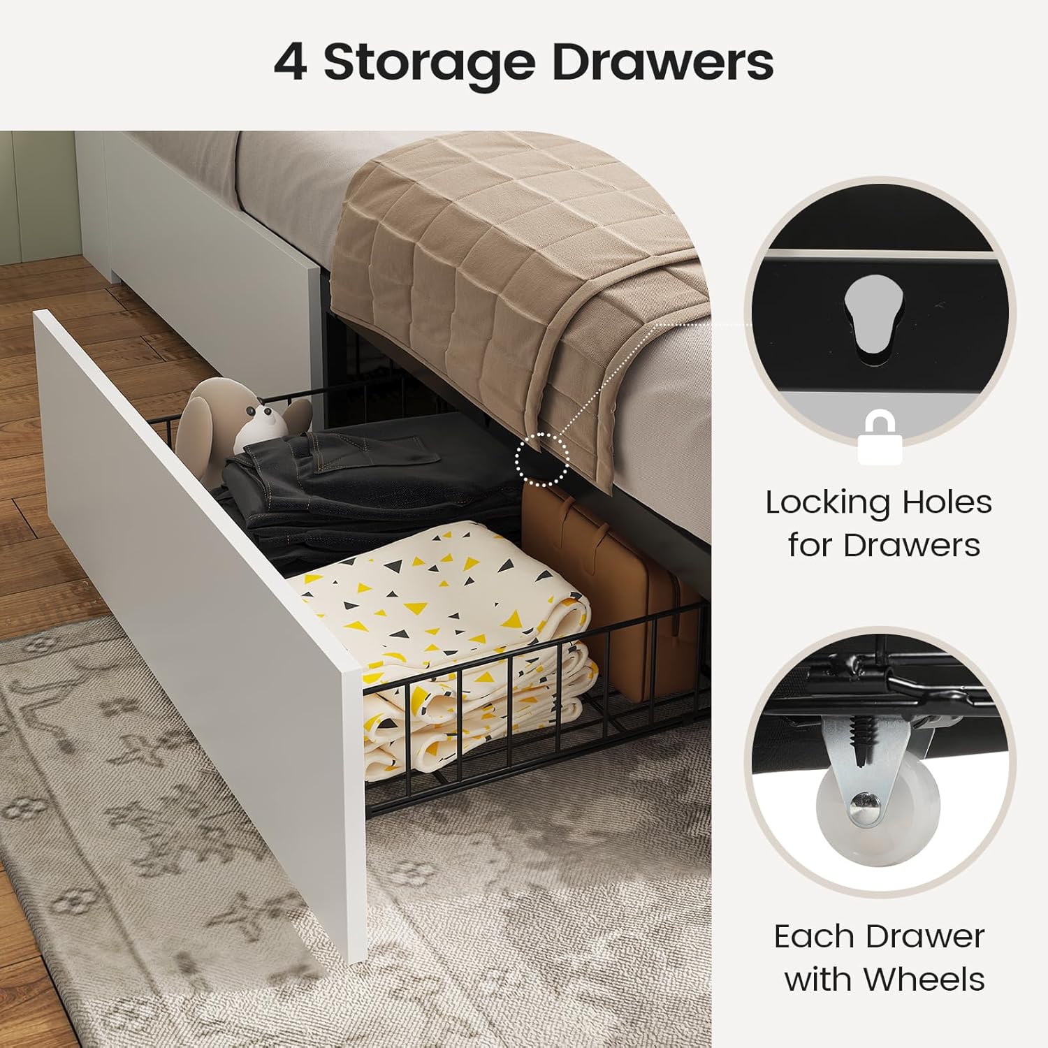 AOGLLATI Farmhouse Bed Frame Full Size with 4 Storage Drawers and Charging Station, Wooden Full Size Bed Frame with Hidden Space Bookcase Headboard and Led Lights & Metal Slats, White