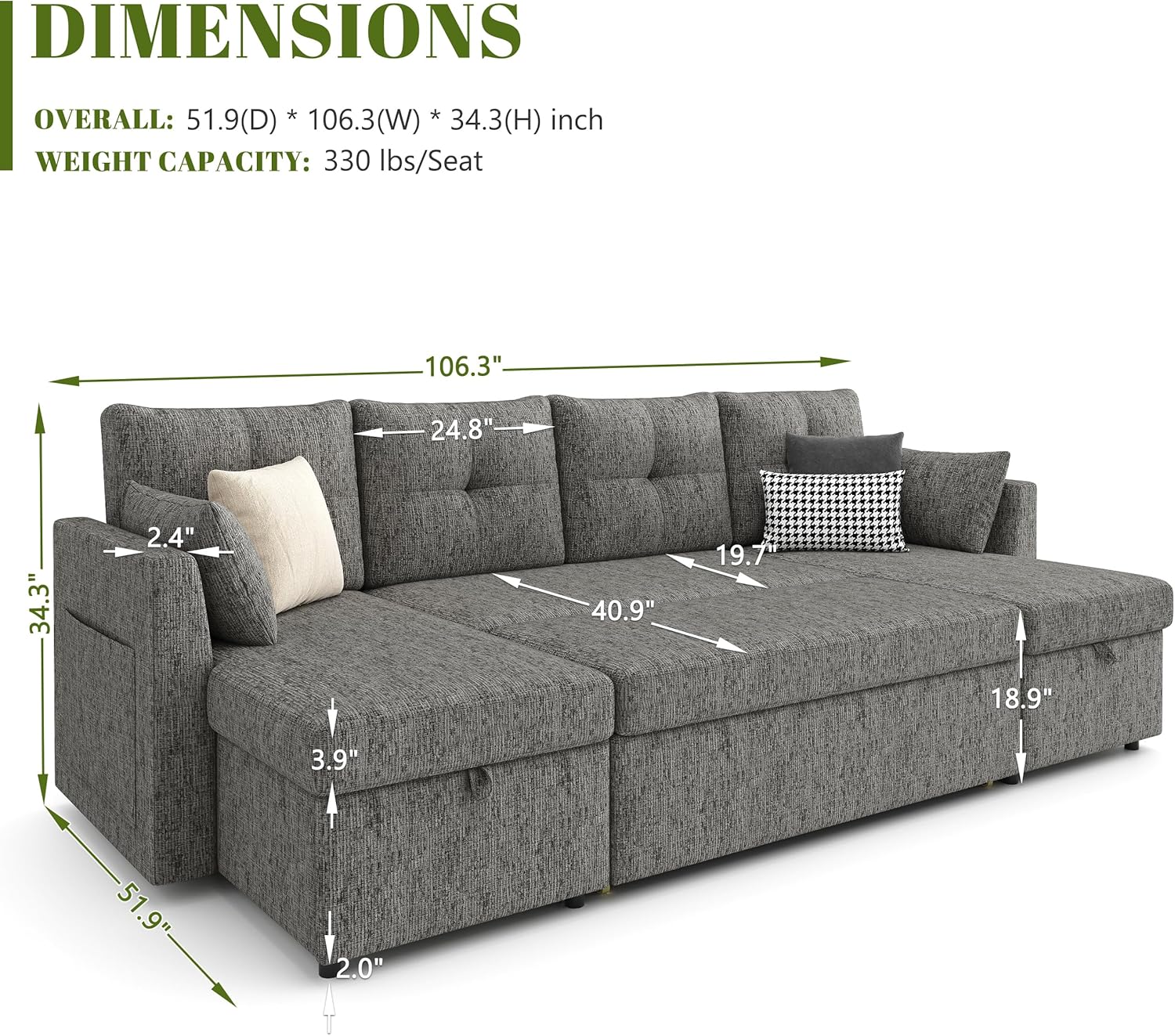 Oversized Sleeper Couch Sofa, 110 inch 2 in 1 Pull Out Couch with Double Storage Chaise, Sectional Sleeper Sofa Bed with Side Pocket for Living Room, Dark Grey