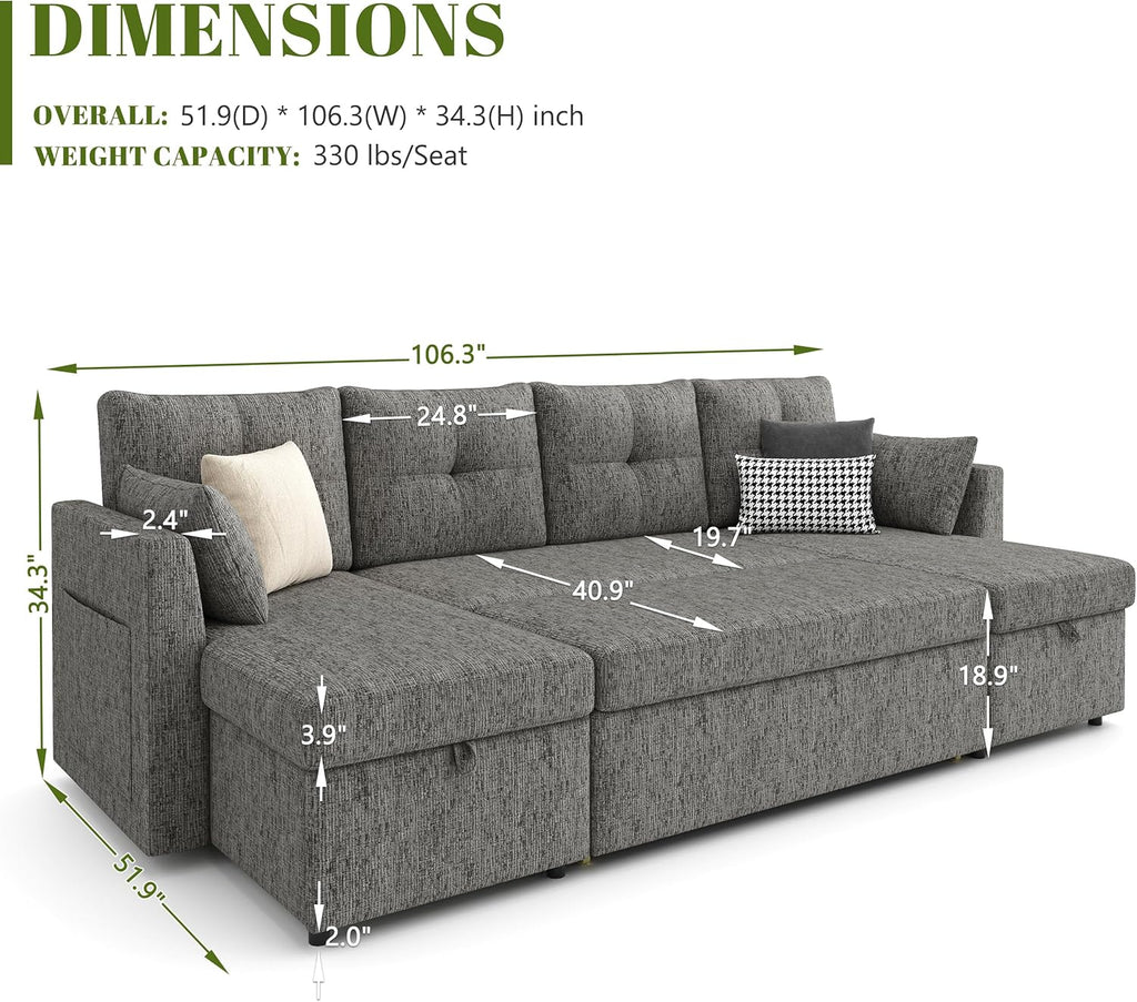 Oversized Sleeper Couch Sofa, 110 inch 2 in 1 Pull Out Couch with Double Storage Chaise, Sectional Sleeper Sofa Bed with Side Pocket for Living Room, Dark Grey