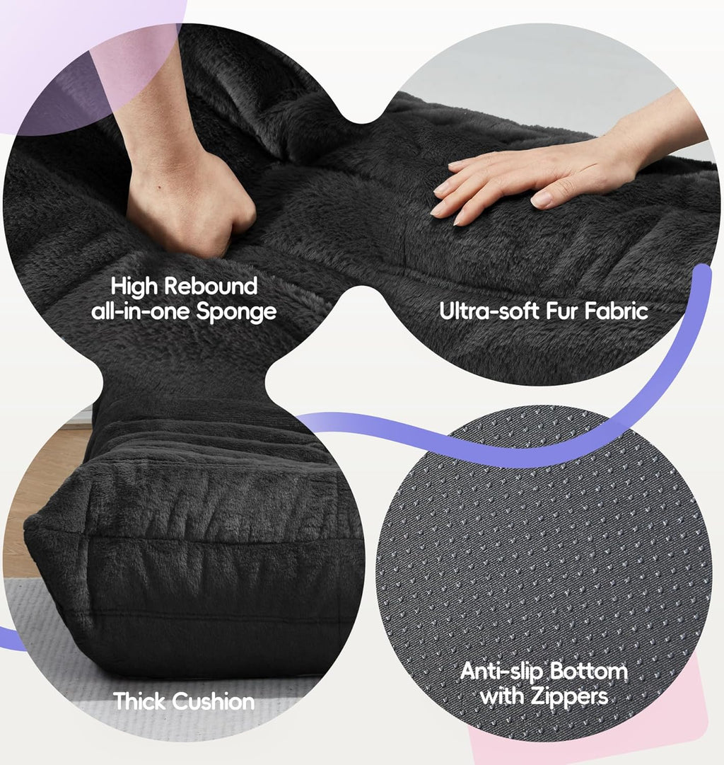 Hobestluk Bean Bag Chair with Memory Foam Ultra Soft Faux Fur Fabric Ergonomic Design Small Bean Bag Couch Beanbag Chair for Living Room Bedroom Playroom(Black Plush Medium)