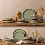 TheTerra Ceramic Dinnerware Sets for 6, 18 Pieces Handmade Reactive Glaze Plates and Bowls Sets, Scratch Resistant Dish Set, Oven & Microwave & Dishwasher Safe, Brown Green