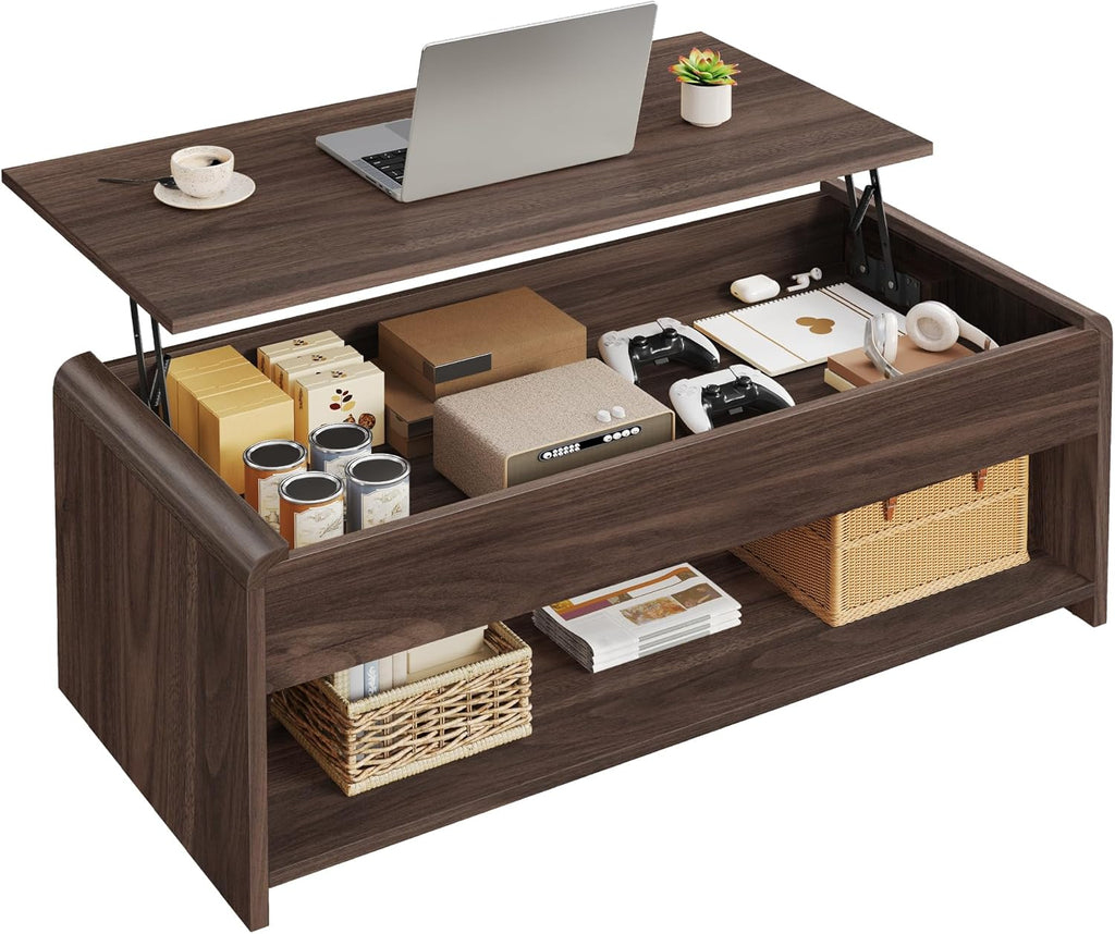 Coffee Table Lift Top, 35 Inch Modern Coffee Table with Hidden Compartment & Open Shelf, Curved Profile Design, Converts to Home Office Table, Center Table for Living Room, Walnut