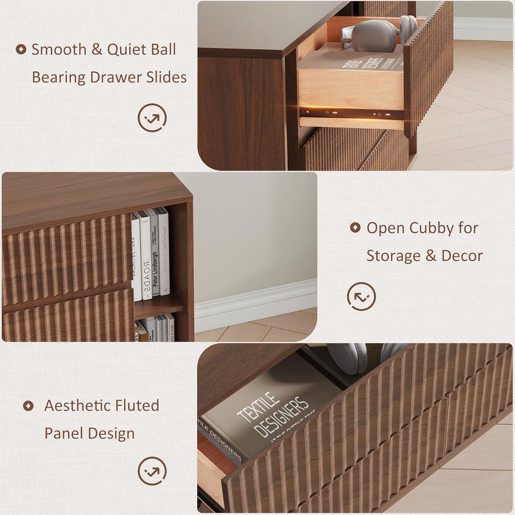 Whalefall 63'' Fluted 6 Drawer Dresser with Shelves, Large Chest of Drawers for Bedroom, Wood Closet Storage Organizer, Modern TV Stand for Living Room, Walnut