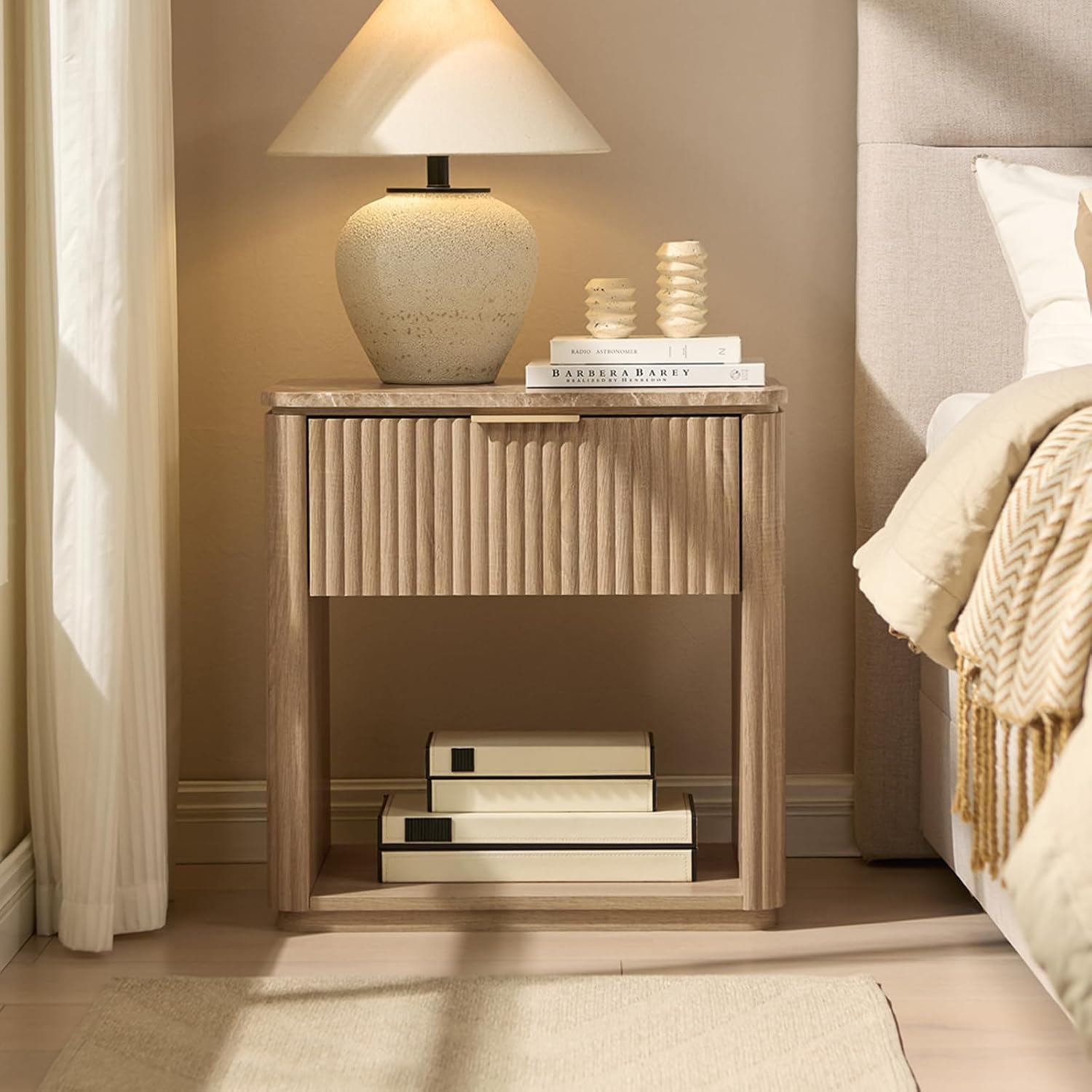 Fluted Nightstand Set of 2, Bedside Table with Faux Marble-Top, Engineered Wood Side Table with Drawer Open Shelf, Curved Corners, Modern Night Stand for Bedroom, Small Spaces, Natural Oak