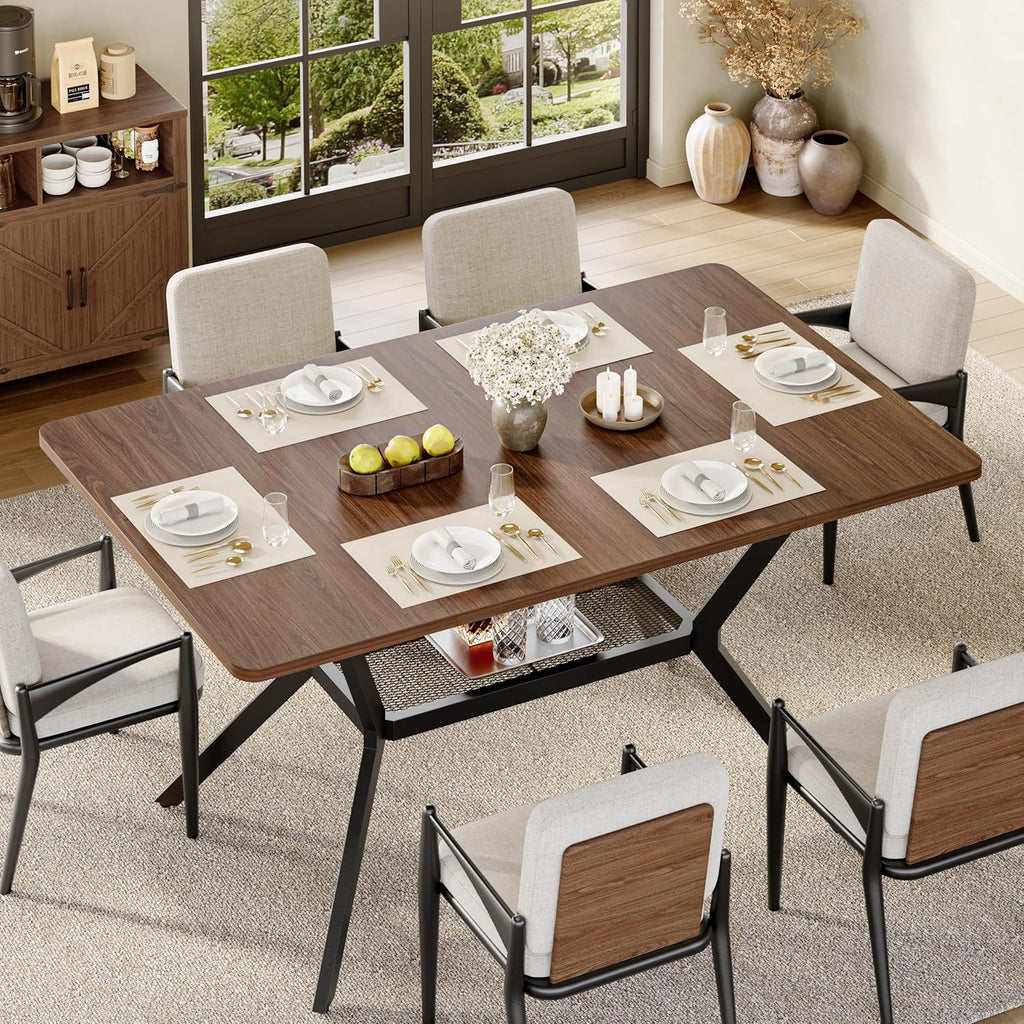 55 inch Dining Table for 4-6, Rectangle Kitchen Table with Storage Shelf, Space Saving Modern Farmhouse Design with Sturdy Metal Legs for Dining Room & Small Apartments