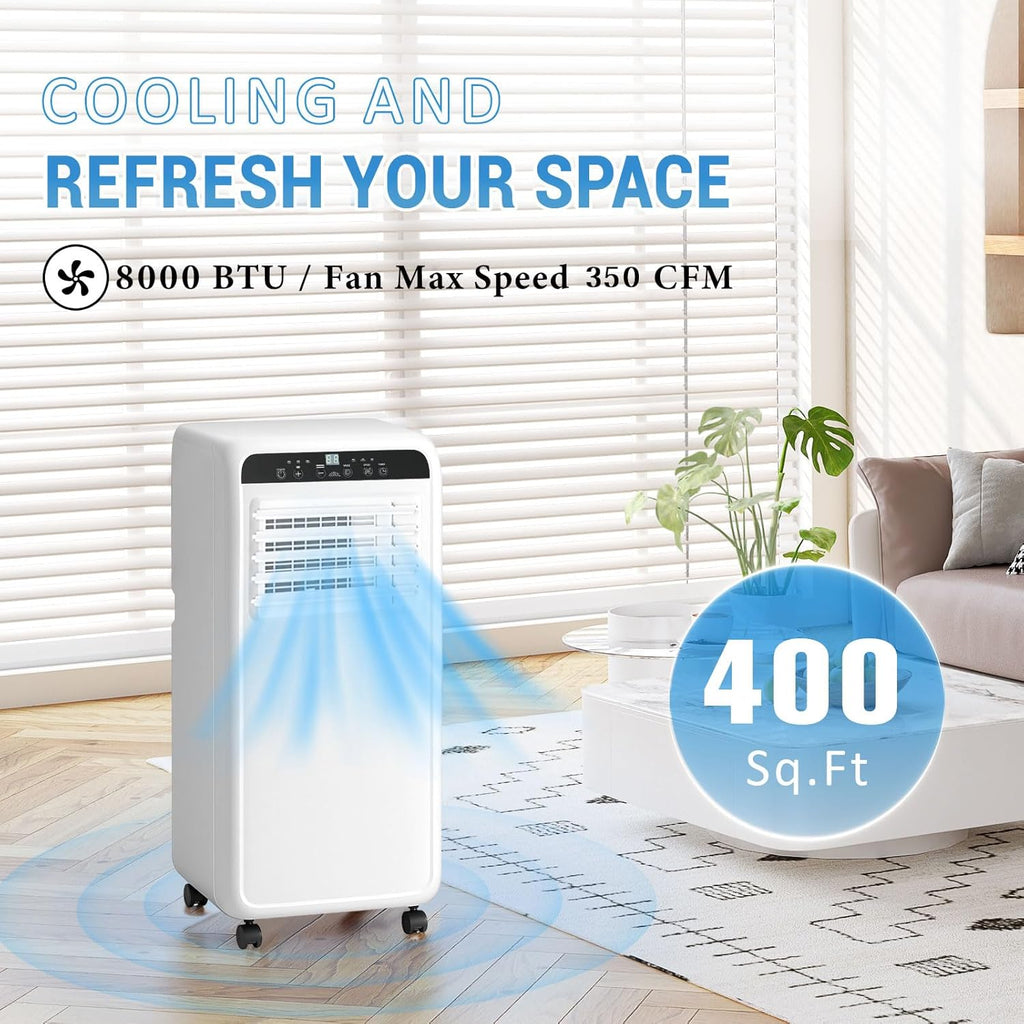 Erivess 8,000 BTU Portable Air Conditioner, 3 in 1 AC Unit with Built-in Cool, Dehumidifier & Fan Modes for Room up to 400sq.ft, with Remote Control, 24 Hour Timer, Installation Kits