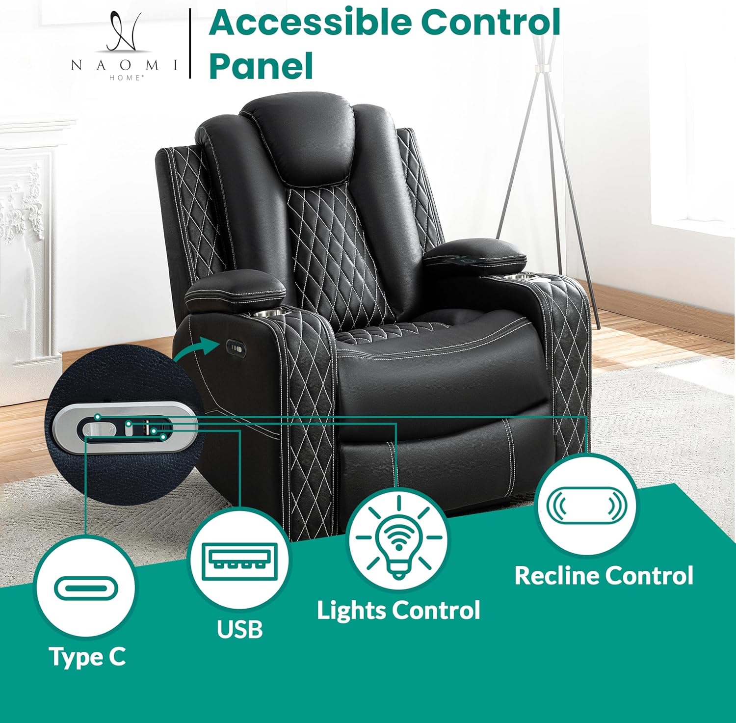 Chicago Home Theater Recliner Chair – Bluetooth Speakers, Wireless Charging, Power Recline, Adjustable Headrest, LED Lighting, Cup Holders & Premium Faux Leather for Ultimate Comfort