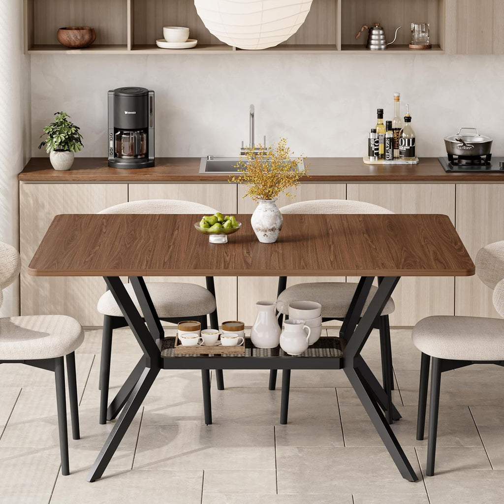 55 inch Dining Table for 4-6, Rectangle Kitchen Table with Storage Shelf, Space Saving Modern Farmhouse Design with Sturdy Metal Legs for Dining Room & Small Apartments