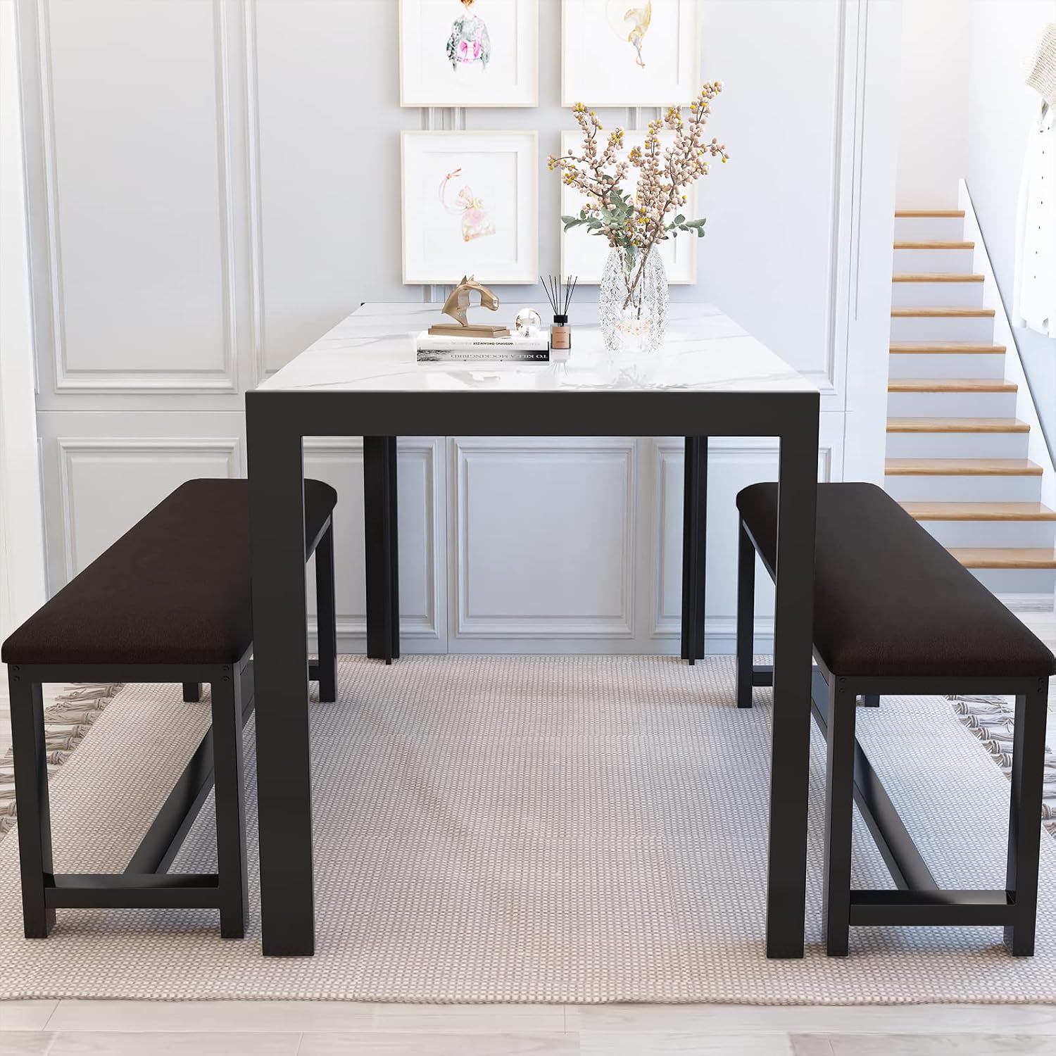 Dining Room Table Set with 2 Benches, Dining Table Set for 4-6, Dinner Table Set for 4, Faux Marble Breakfast Table Set & PU Leather Upholstered Benches for Small Spaces, Apartment, White