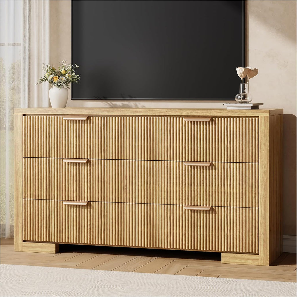 Fluted 6 Drawers Dresser for Bedroom, 54" Modern Chest of Drawers with Metal Handle, Wood Closet Clothes Storage Organizer for Living Room, Hallway, Entryway, Natural Oak