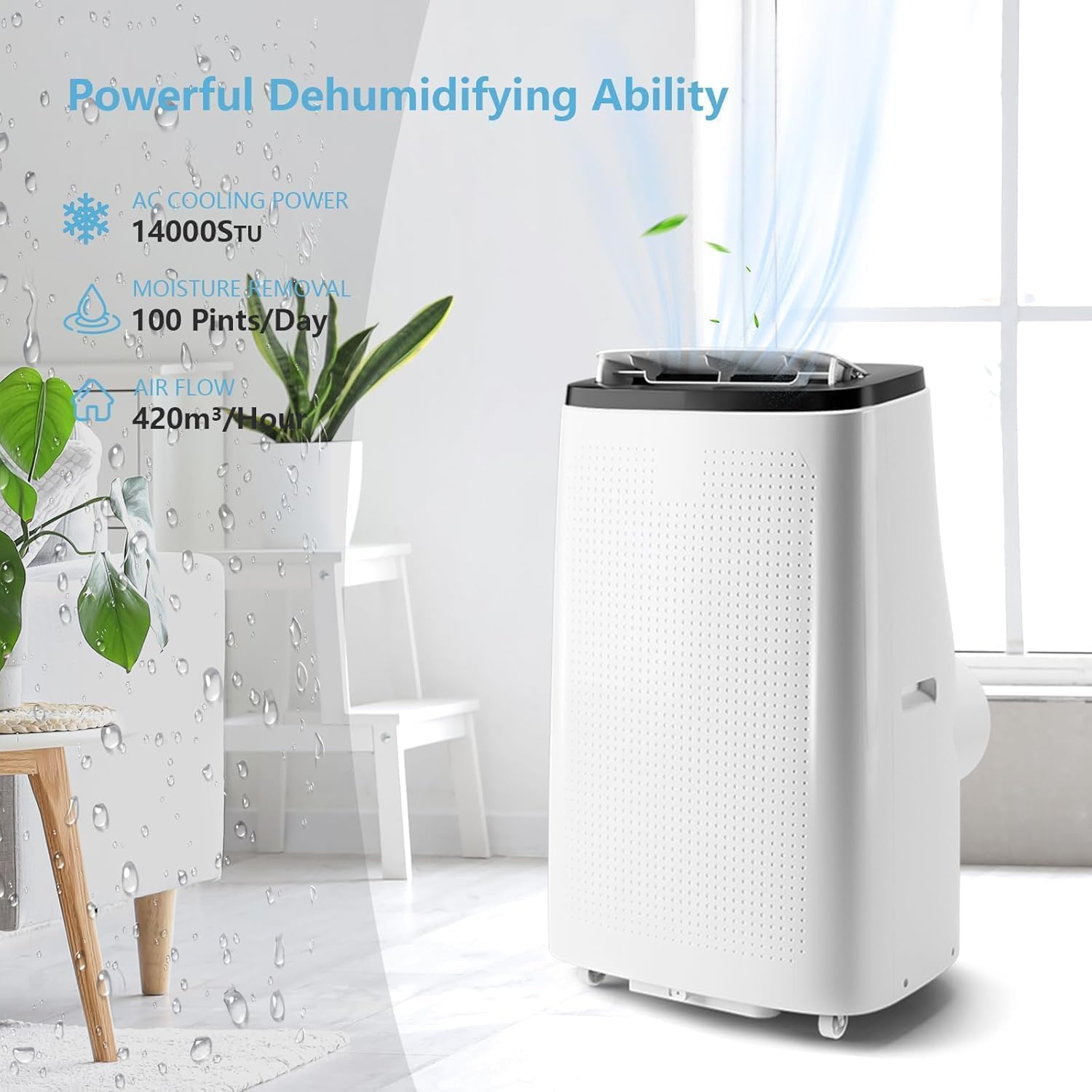 Towallmark 14,000 BTU 3-in-1 Portable Air Conditioner, Cooling, Dehumidifier & Fan, Ultra Quiet 48dB, Sleep Mode, Easy Install (16"-47" Windows), Quick Cooling for 600-750 Sq.Ft. Home, Office, APT