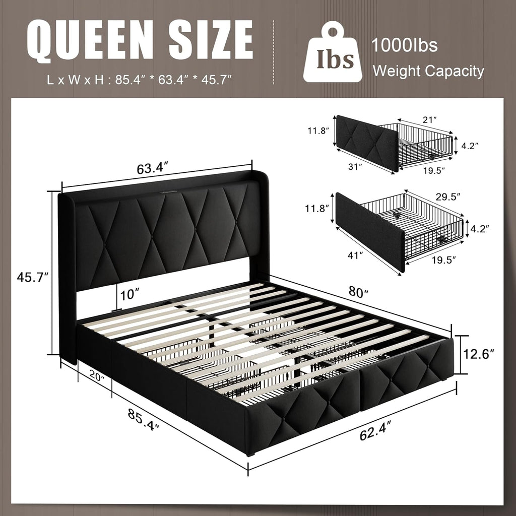 Queen Bed Frame with 4 Storage Drawers and Charging Station, Upholstered Platform Bed Frame with Storage Headboard, No Box Spring Needed, Easy Assembly, Black