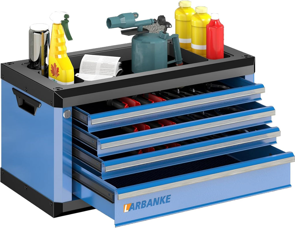 LARBANKE 4-Drawer Tool Box, Portable Tool Cabinet with Key Secure Lock, Multifunctional Countertop, Drawer Liners & Connecting Rods for Stacking with Same-Series 5/7-Drawer Chests,Blue