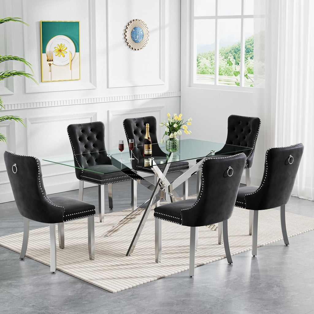 Modern Dining Table for 6 People, 60" Rectangle Dining Room Table with Silver Chrome Metal X-Base, Rectangular Tempered Glass Dining Table, Kitchen Dining Room Tables Luxury Dinner Table